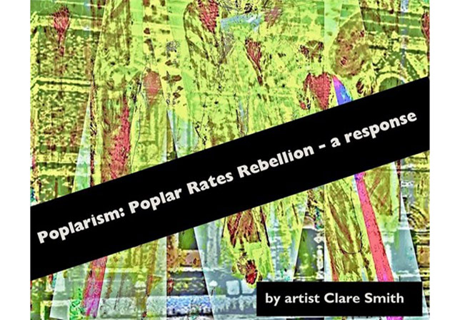 Brightly coloured flyer for The Poplarism art exhibition by Clare Smith