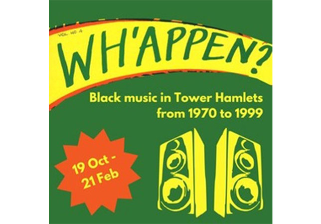 Flyer in red gold and green created for the Wha'Appen Black music exhibition
