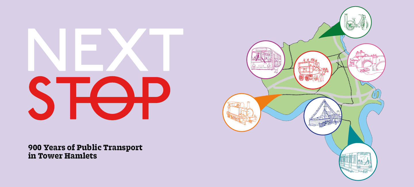 banner for Next Stop exhibition on lilac background