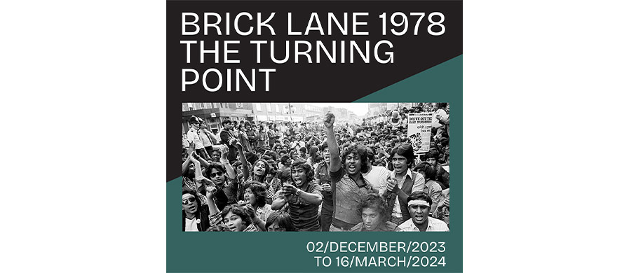 Brick Lane 1978 exhibition flyer showing a group of people protesting