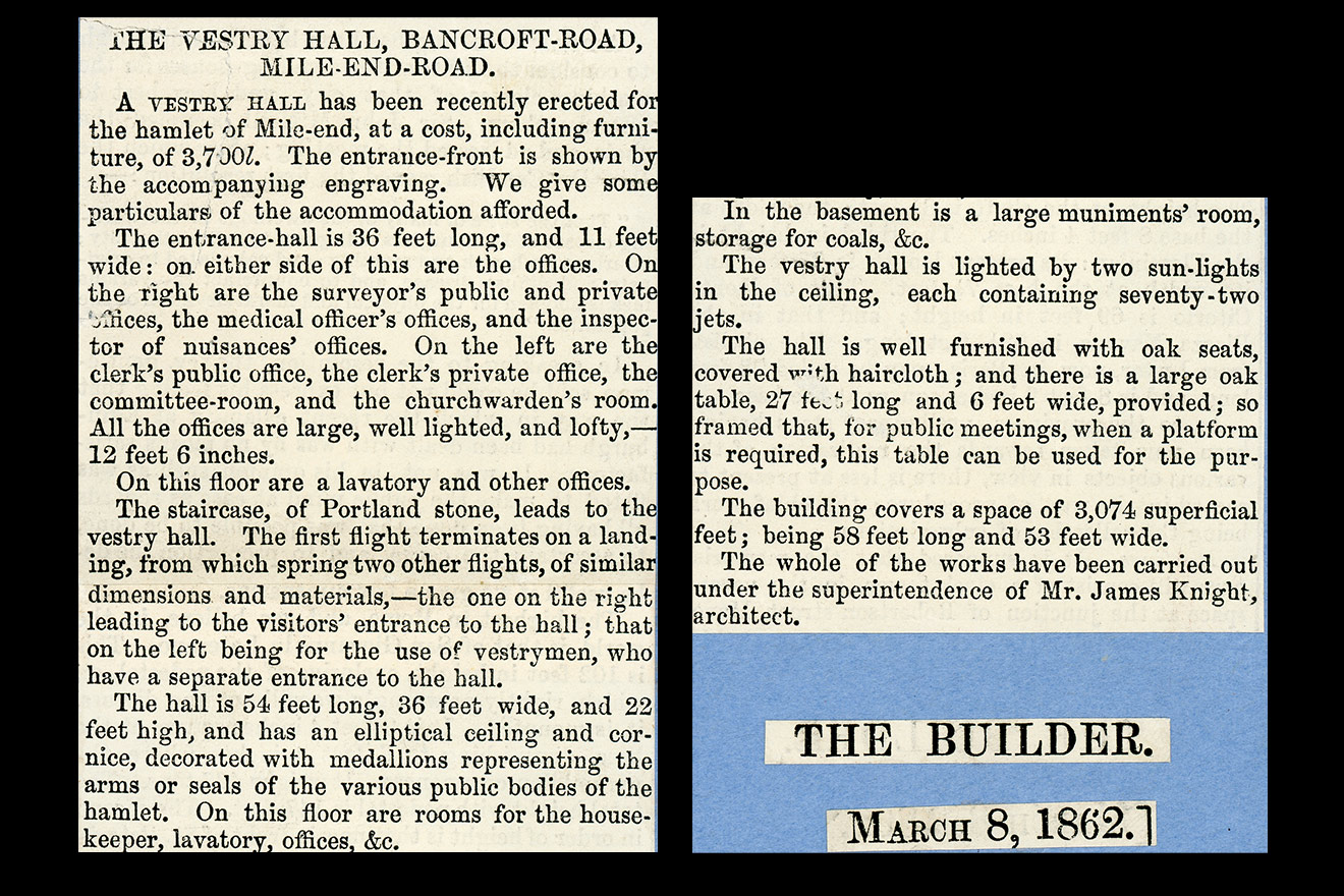 Article about the new Vestry Hall for the Hamlet of Mile End, 'The Builder' 8 March 1862