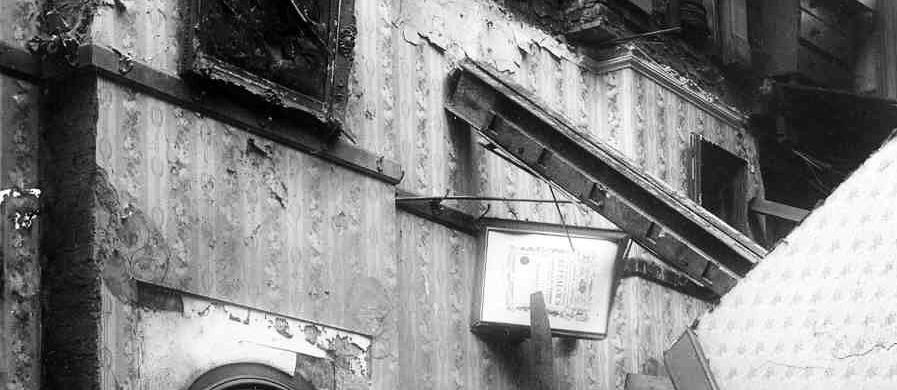 Damage done by Zeppelin raid 23 Sep 1916 to interior of the Black Swan public house, Bow Road