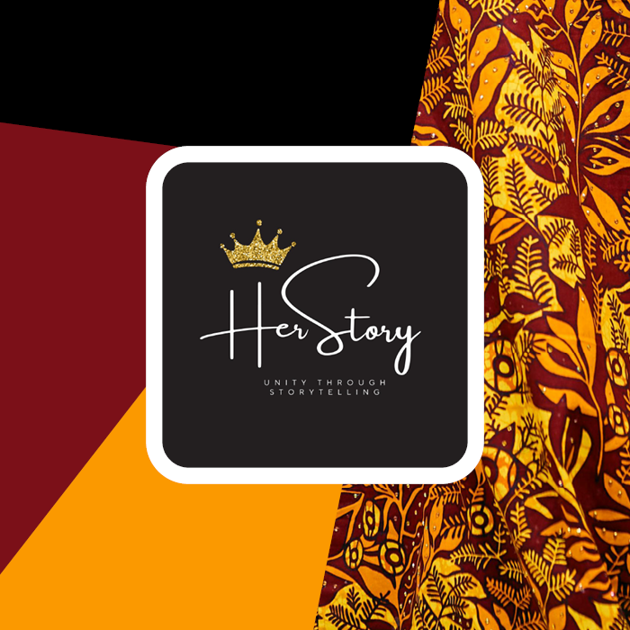 Her Story logo in centre with maroon, orange and African pattern.