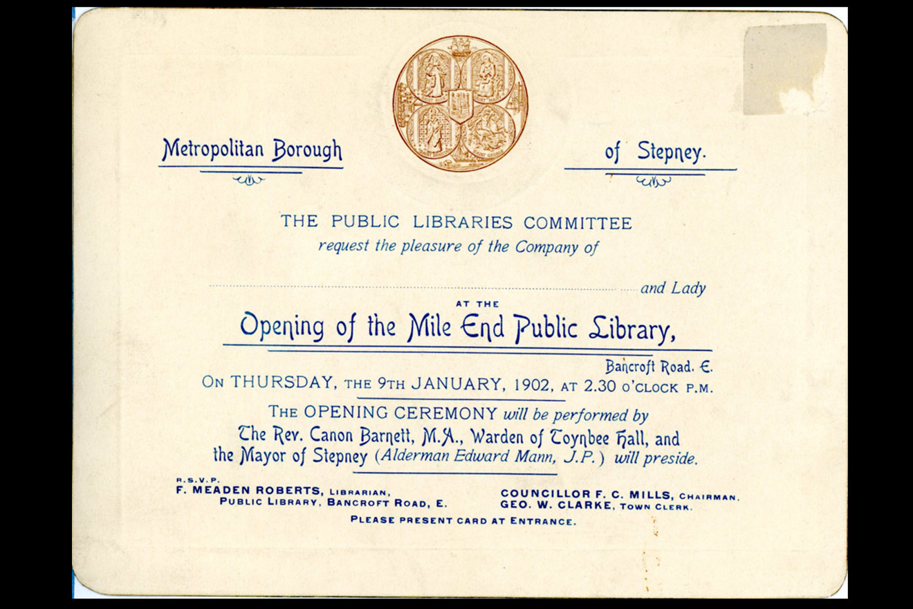 Invitation to the opening ceremony for Mile End Library, Bancroft Road on Tuesday 9 January 1902