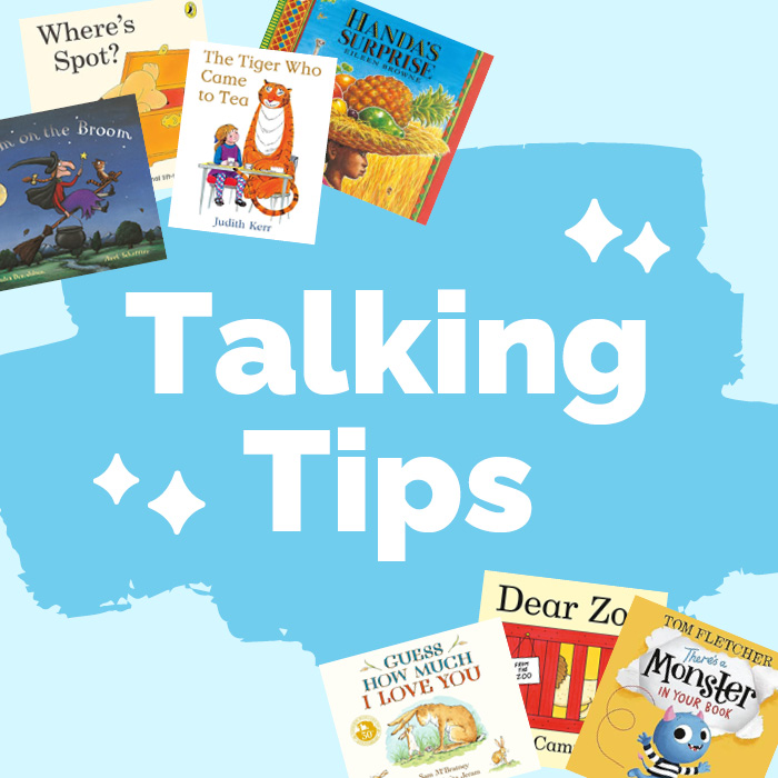 Text says 'Talking Tips' with images of picture books in two opposite corners.