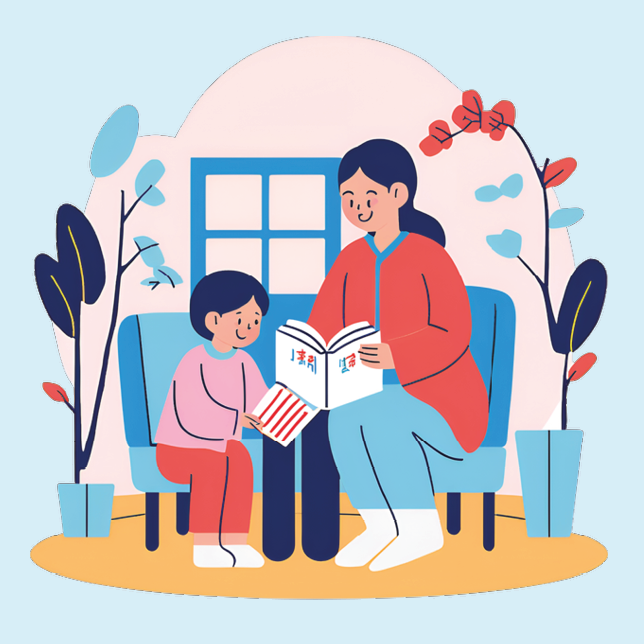 An illustration of a women reading to a child.