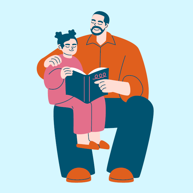 An illustration of a man reading to a child sitting on his lap.