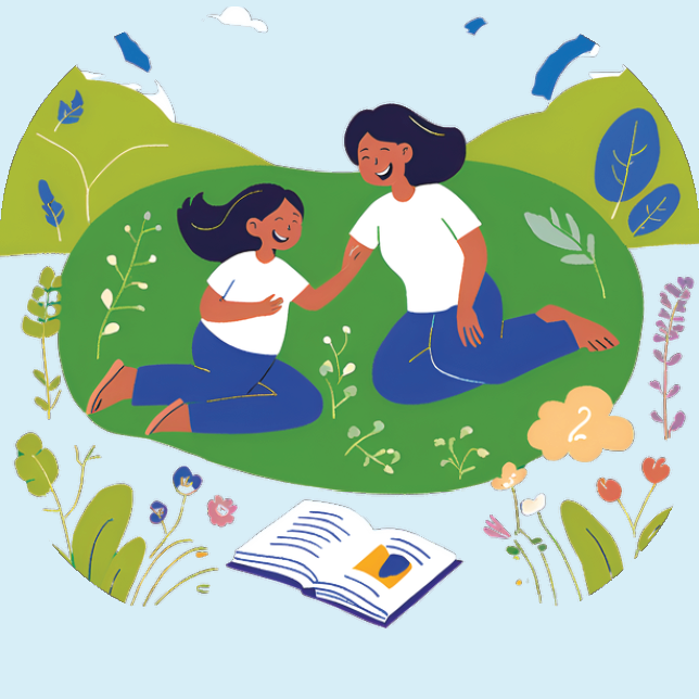 Illustration of female adult and female child laughing on the grass with a book next to them