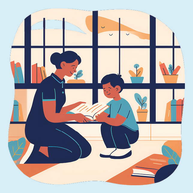 An illustration of a female adult and male child look at a book together.