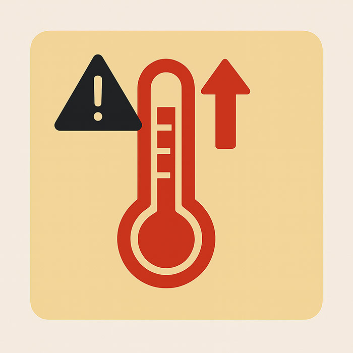 Thermometer icon with an upward arrow and warning sign, indicating rising temperatures.