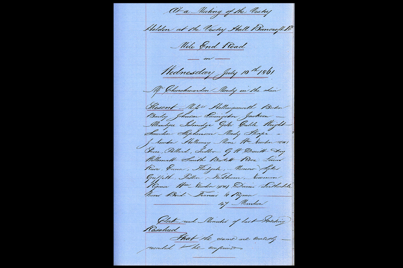 Extract from the minutes of the Vestry of the Hamlet of Mile End Old Town at the new Vestry Hall, Bancroft Road