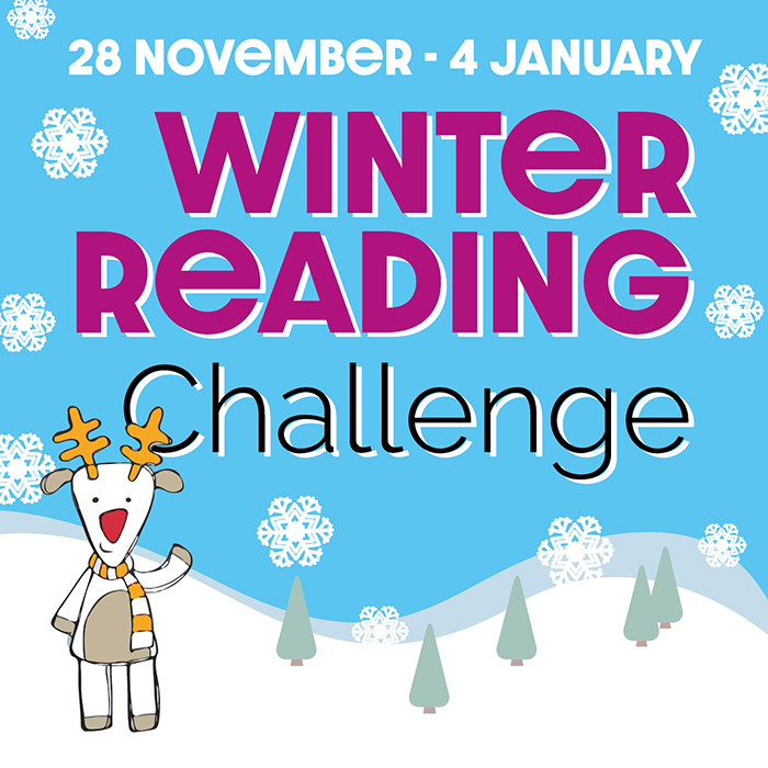 Winter Reading Challenge title with a waving reindeer illustration.