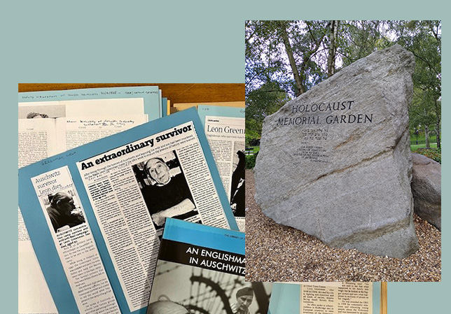 newspaper cuttings of Leon Greenman and an Image of Hyde Park Holocaust Memorial park